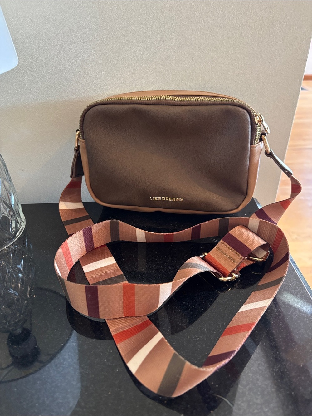 Like Dreams Brown Purse with Stripe Strap, Like New